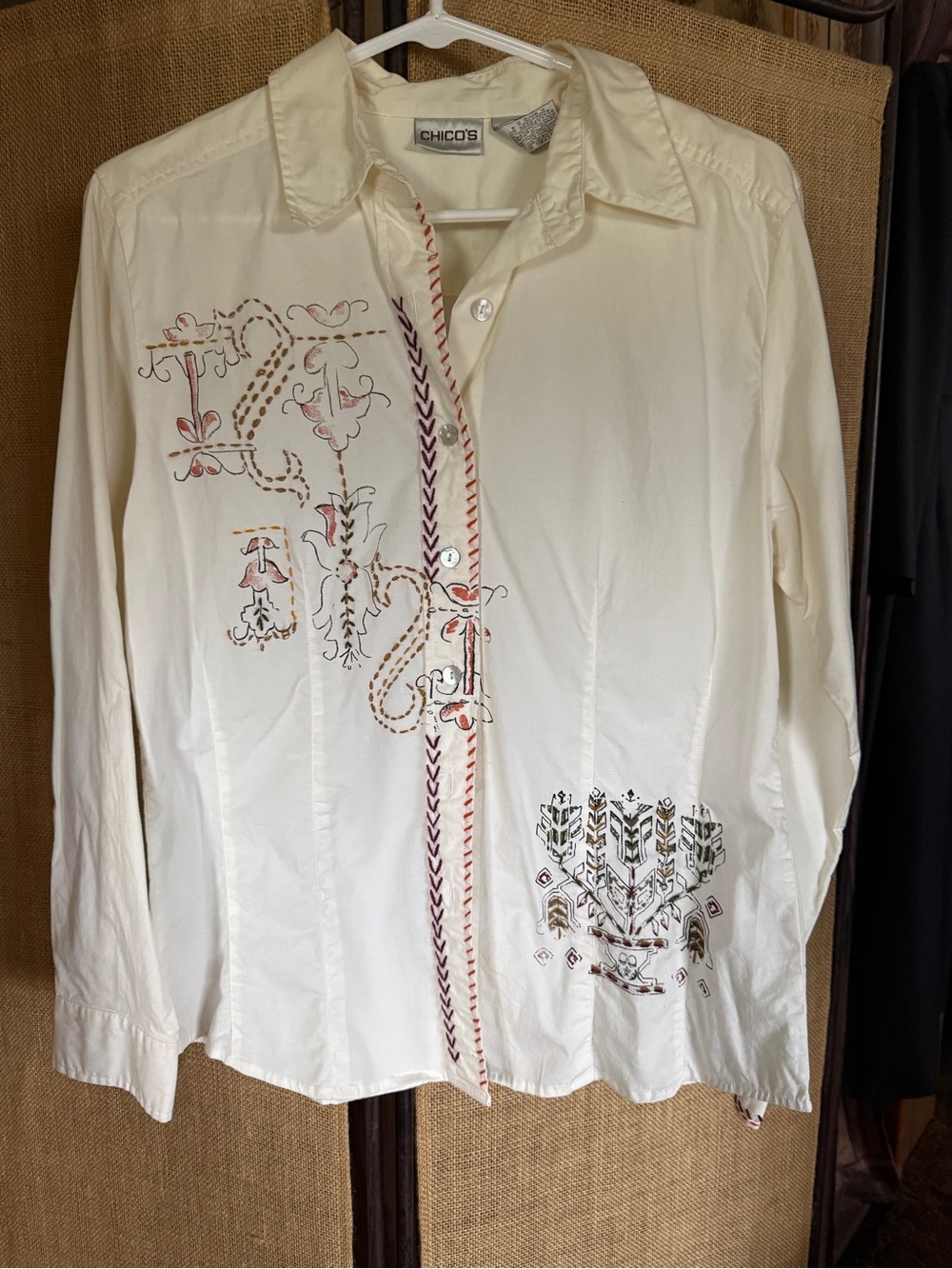 Vtg Cream Color Southwest Embroidered Print Long Sleeve Blouse Chico's Sz1 (Med)